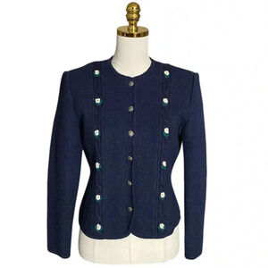 SKYR SPORTSWEAR Vtg 100% Wool Granny Floral Embroidered Button Up Cardigan Sz 10